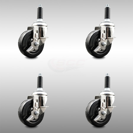 Service Caster 4 Inch 316SS Hard Rubber Swivel 7/8 Inch Expanding Stem Caster Set Brake SCC SCC-SS316EX20S414-HRS-TLB-78-4